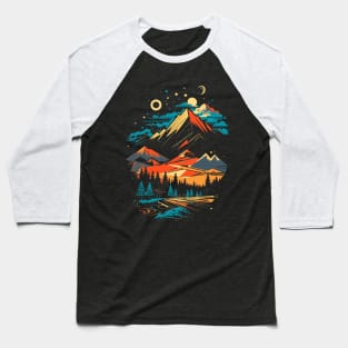 breathtaking mountain landscape with majestic trees and towering peaks in the background Baseball T-Shirt